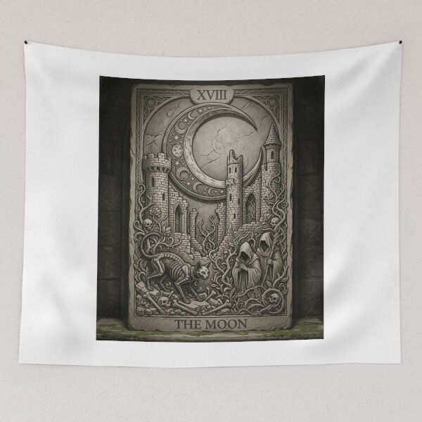 Item preview, The Moon Tarot Card XVIII Gothic Celestial Stone Relief Art designed and sold by hepopatterns.