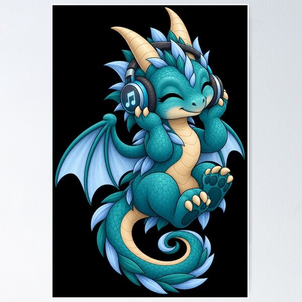 Item preview, Cute Aquamarine Baby Dragon Listening to Music with Headphones designed and sold by Hatchling Hollow.
