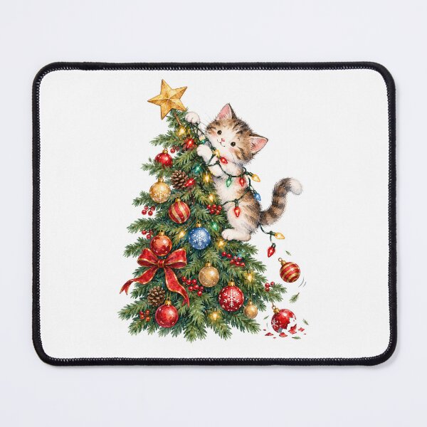 Item preview, Watercolor Kitten Climbing the Christmas Tree designed and sold by Watercolorsart.
