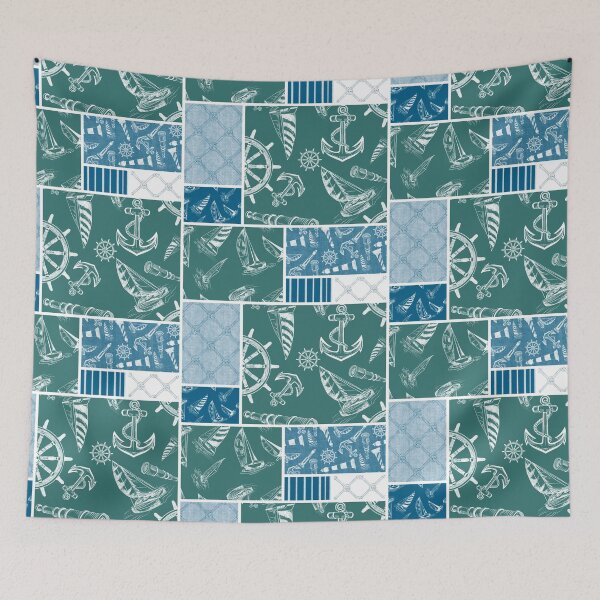 Item preview, Ocean Blue and Blue Green Quilt Design Nautical Charcoal Sketches Collection- Features Netting, Stripes, Nautical Items, and Lighthouse Designs designed and sold by PD-Coastal.