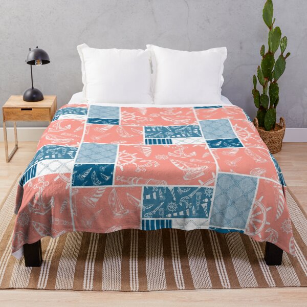 Item preview, Ocean Blue and Coral Quilt Design Nautical Charcoal Sketches Collection- Features Netting, Stripes, Nautical Items, and Lighthouse Designs designed and sold by PD-Coastal.