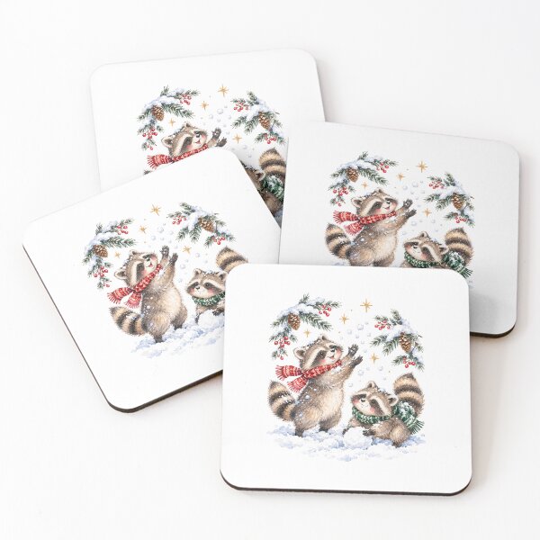 Item preview, Watercolor Raccoons Playing in the Snow Under Stars designed and sold by Watercolorsart.
