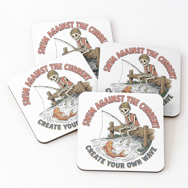 Item preview, Beanie-Wearing Skeleton Fishes from a Dock as a Koi Leaps designed and sold by MisteryDesigner.