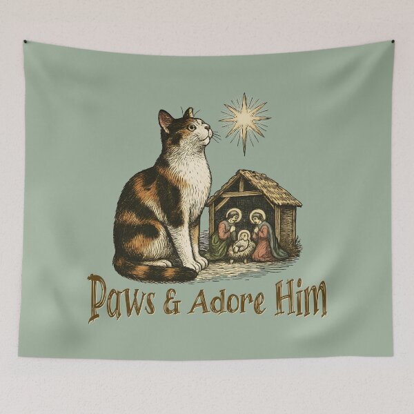 Item preview, Calico Cat Christian Christmas Paws and Adore Him designed and sold by Sachie's Studio.