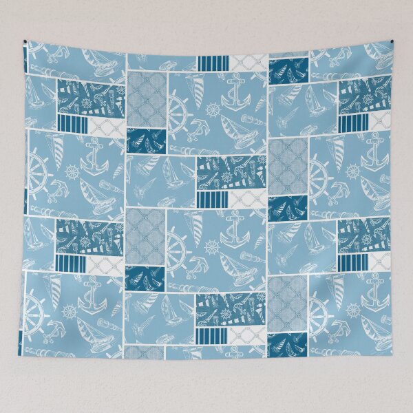 Item preview, Ocean Blue and Sky Blue Quilt Design Nautical Charcoal Sketches Collection- Features Netting, Stripes, Nautical Items, and Lighthouse Designs designed and sold by PD-Coastal.