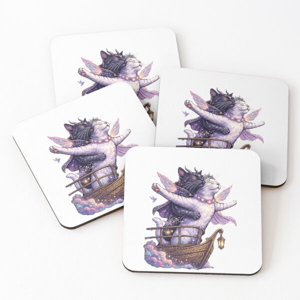 Item preview, Celestial Cats Yin Yang Magic Boat Fantasy Art Print designed and sold by Retro Whiskers.