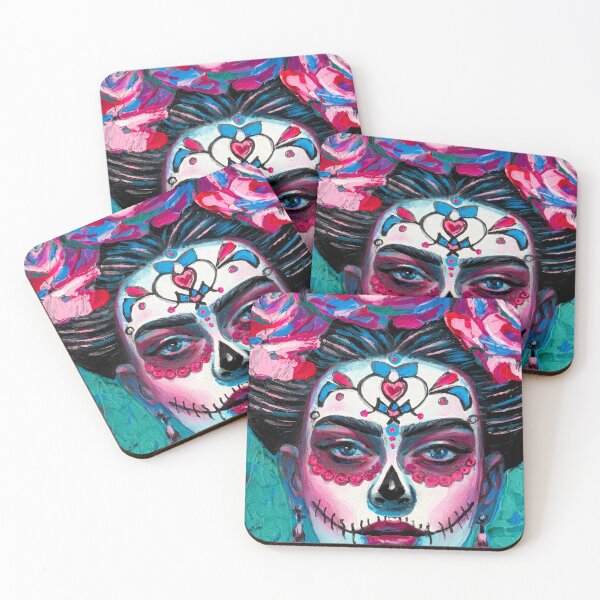 Item preview, Sugar Skull Woman Pink Roses Vibrant Impasto Portrait Art designed and sold by MontekkiArt.