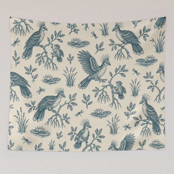 Item preview, Hoatzin Toile Pattern | Punk Crested Amazon Stinkbird Toile de Jouy in Teal with Lilies and Mangroves designed and sold by StickyGuys.