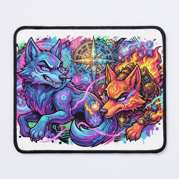 Artikelvorschau, Wolf- und Fuchskunst, Blauer Wolf mit Feuerfuchs entworfen und verkauft von Terra Nova Collective.