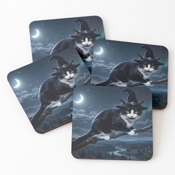 Item preview, Tuxedo Cat Flying on Broomstick Magical Halloween designed and sold by tuxedostudio.
