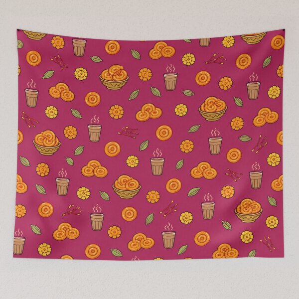 Item preview, Jalebi Indian Sweets Pattern | Orange Jalebi Spirals, Masala Chai, Marigolds and Saffron on Pink designed and sold by StickyGuys.