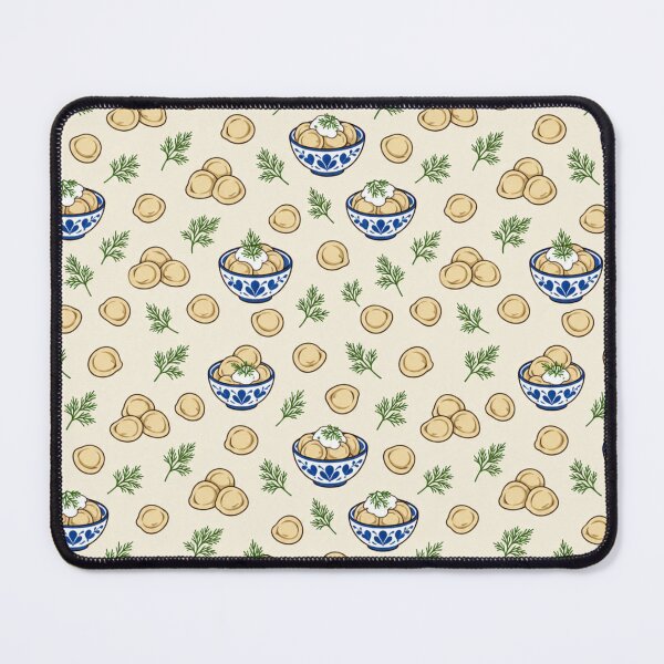 Item preview, Pelmeni Dumpling Kitchen Pattern | Russian Dumplings with Sour Cream and Dill in Blue Folk Bowls designed and sold by StickyGuys.