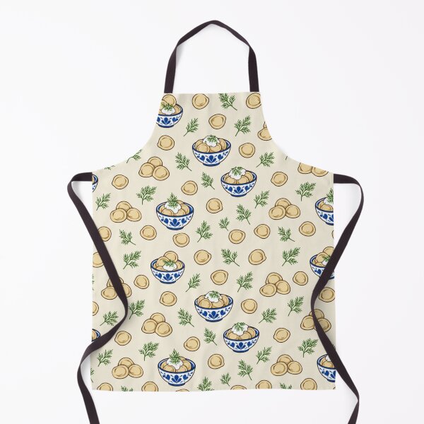 Item preview, Pelmeni Dumpling Kitchen Pattern | Russian Dumplings with Sour Cream and Dill in Blue Folk Bowls designed and sold by StickyGuys.