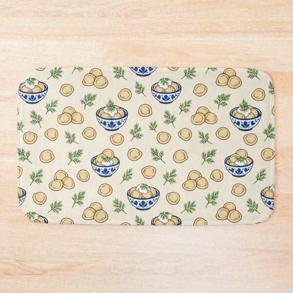 Item preview, Pelmeni Dumpling Kitchen Pattern | Russian Dumplings with Sour Cream and Dill in Blue Folk Bowls designed and sold by StickyGuys.