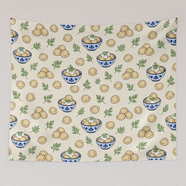 Item preview, Pelmeni Dumpling Kitchen Pattern | Russian Dumplings with Sour Cream and Dill in Blue Folk Bowls designed and sold by StickyGuys.