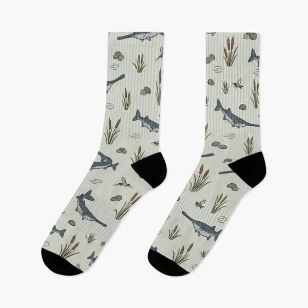 Item preview, Paddlefish Vintage Fishing Pattern | Ancient River Fish with Paddle Snouts, Cattails and Mayflies designed and sold by StickyGuys.