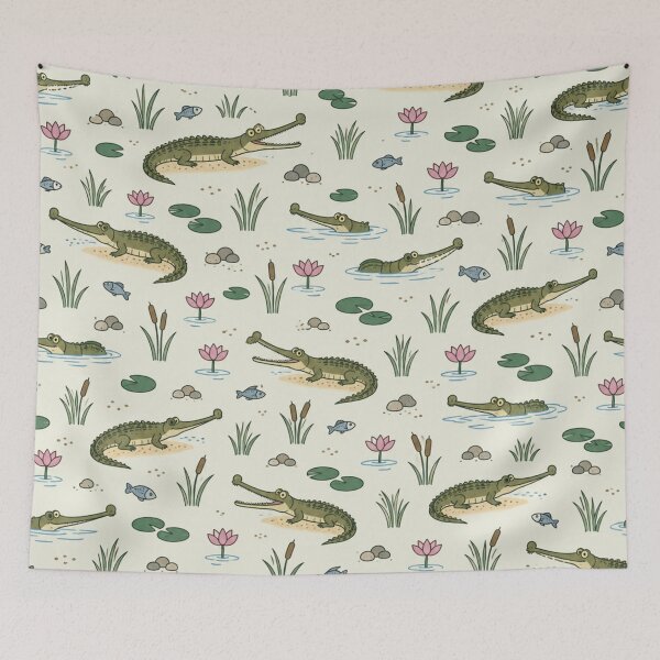 Item preview, Gharial Indian Crocodile Pattern | Thin Snouted Gharials with Lotus Flowers and Lily Pads designed and sold by StickyGuys.