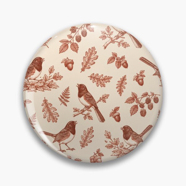 Item preview, Towhee Toile Pattern | Eastern Towhees Scratching in Oak Leaves, Red Toile de Jouy with Acorns designed and sold by StickyGuys.