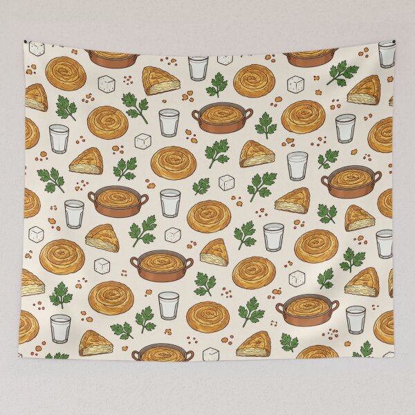 Item preview, Burek Balkan Bakery Pattern | Coiled Burek Pies, Flaky Pastry Slices, Yogurt and Copper Pans designed and sold by StickyGuys.