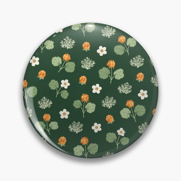 Item preview, Cloudberry Nordic Botanical Pattern | Amber Cloudberries, Blossoms and Reindeer Moss on Forest Green designed and sold by StickyGuys.
