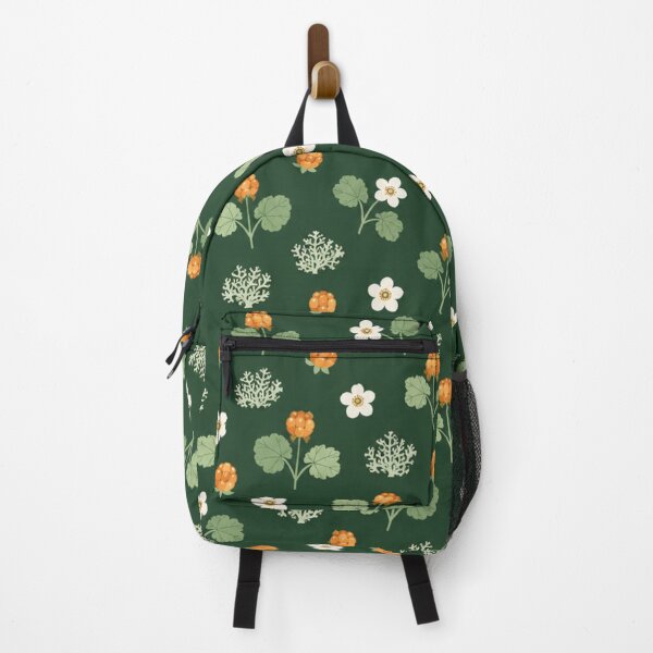 Item preview, Cloudberry Nordic Botanical Pattern | Amber Cloudberries, Blossoms and Reindeer Moss on Forest Green designed and sold by StickyGuys.