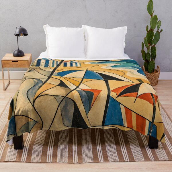 Item preview, Retro Beach Woman and Umbrellas Geometric Coastal Art designed and sold by Amalia Gutyz.