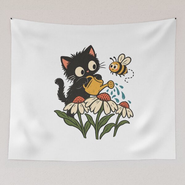 Item preview, Black Cat Watering Flowers with a Bee designed and sold by AMICO77.