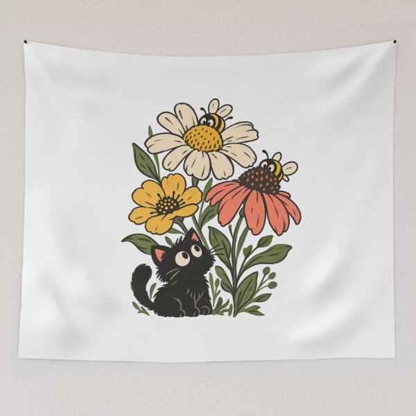 Item preview, Flower Stack with Bees and a Black Kitten designed and sold by AMICO77.