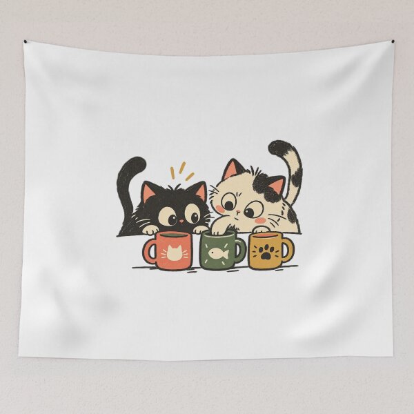 Item preview, Two Cats Inspecting Colorful Ceramic Mugs designed and sold by AMICO77.