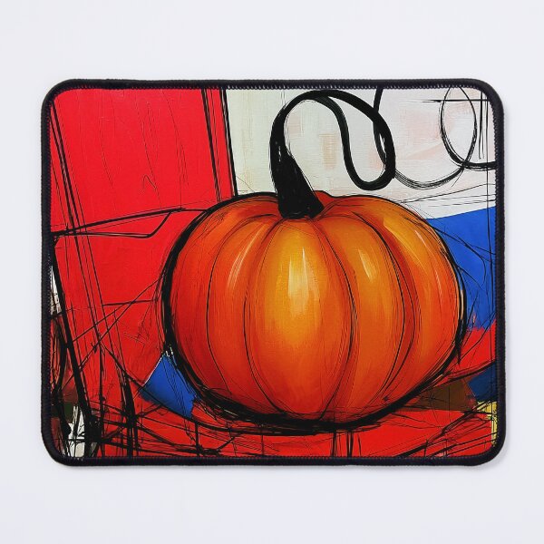 Item preview, Vibrant Pumpkin on a Red Chair Surrounded by Abstract Autumn Leaves and Bold Geometric Shapes designed and sold by OlfactoART Studio.