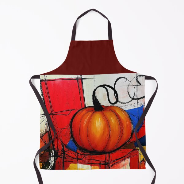 Item preview, Vibrant Pumpkin on a Red Chair Surrounded by Abstract Autumn Leaves and Bold Geometric Shapes designed and sold by OlfactoART Studio.