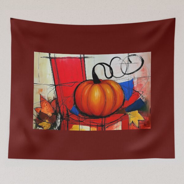 Item preview, Vibrant Pumpkin on a Red Chair Surrounded by Abstract Autumn Leaves and Bold Geometric Shapes designed and sold by OlfactoART Studio.