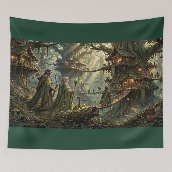 Item preview, Elven Treehouse Village in Enchanted Forest - Fantasy Art designed and sold by BibdeThaisArt.