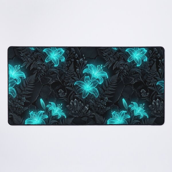 Item preview, Glowing Cyan Neon Lilies On Dark Botanical Pattern designed and sold by Owcomm.