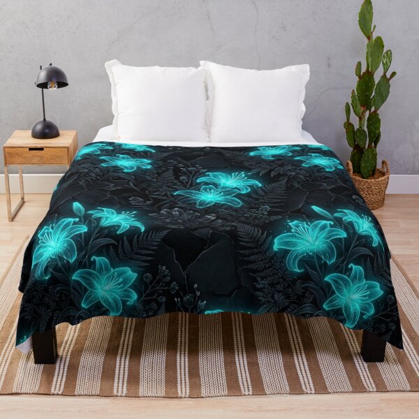 Item preview, Glowing Cyan Neon Lilies On Dark Botanical Pattern designed and sold by Owcomm.