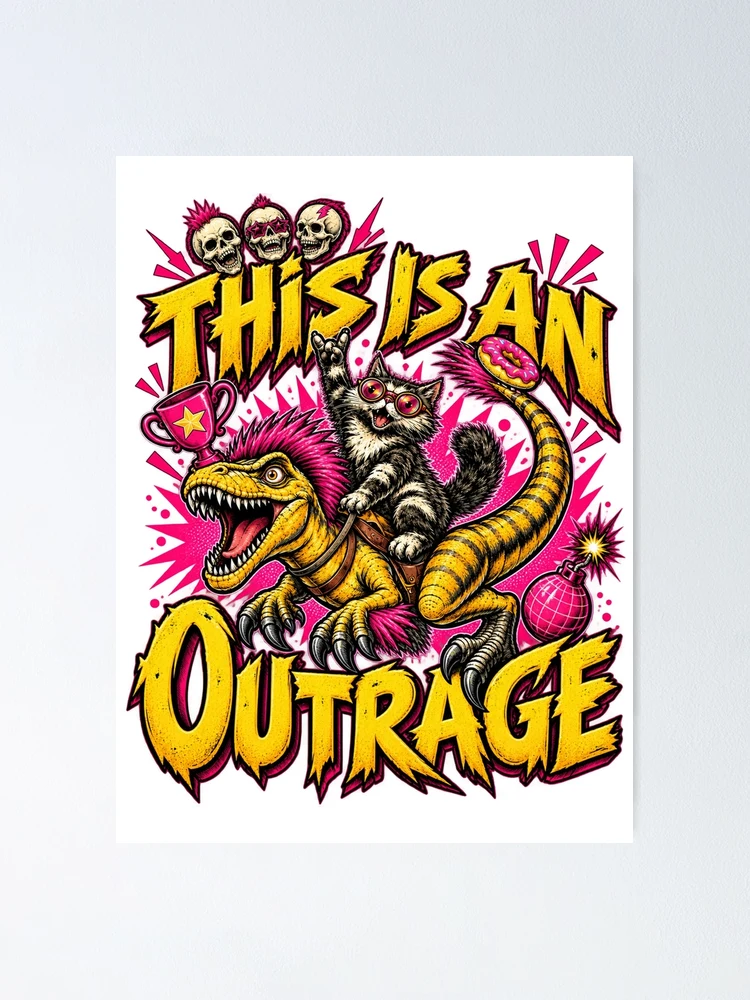Thumbnail 1 of 3, Poster, Crazy Rocker Cat Riding Punk Raptor Dinosaur Graphic designed and sold by GardnerOConner.