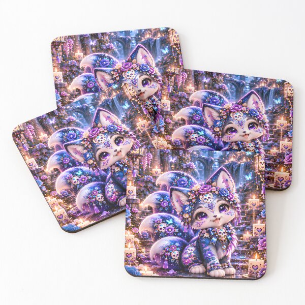 Item preview, Blue Kitsune Day of the Dead Fantasy Wallpaper designed and sold by kawaiiaianimals.