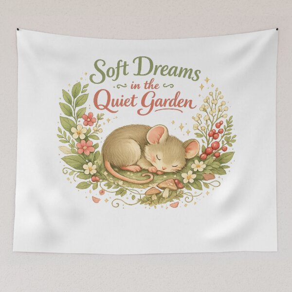 Item preview, Soft Dreams in the Quiet Garden Cute Sleeping Mouse Cottagecore Floral Design designed and sold by inkoutninja.