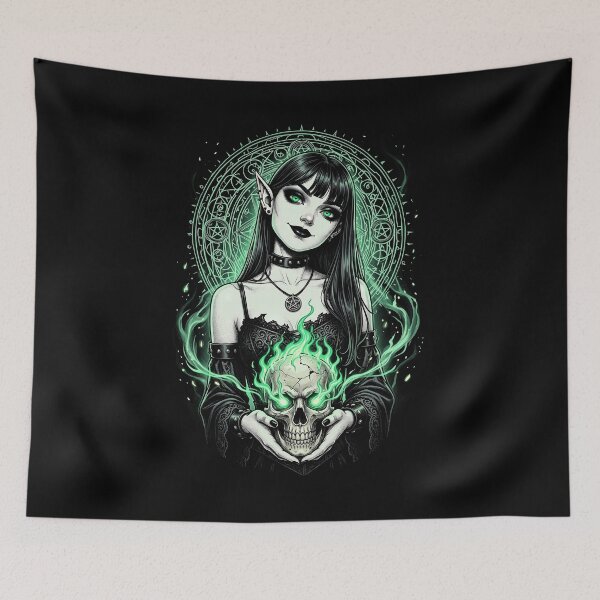 Item preview, Arcane Necromancer: Goth Elf Sorceress & Flaming Skull Graphic designed and sold by HexOne.