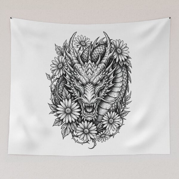 Item preview, Floral Dragon Face - Daisy Flowers and Thorn Vines Ink Art designed and sold by DragonSerpent Ink.