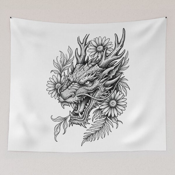 Item preview, Eastern Floral Dragon - Antler Horns and Daisy Ferns Ink Art designed and sold by DragonSerpent Ink.