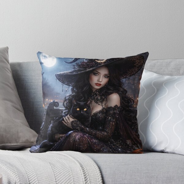 Item preview, Enchanting Halloween Witch with a cat and pumpkins in the Moonlit designed and sold by 4Seasons.
