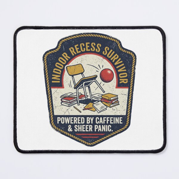 Item preview, Indoor Recess Survivor – Powered by Caffeine & Sheer Panic Funny Vintage Teacher Badge Art designed and sold by Luminari Creations.