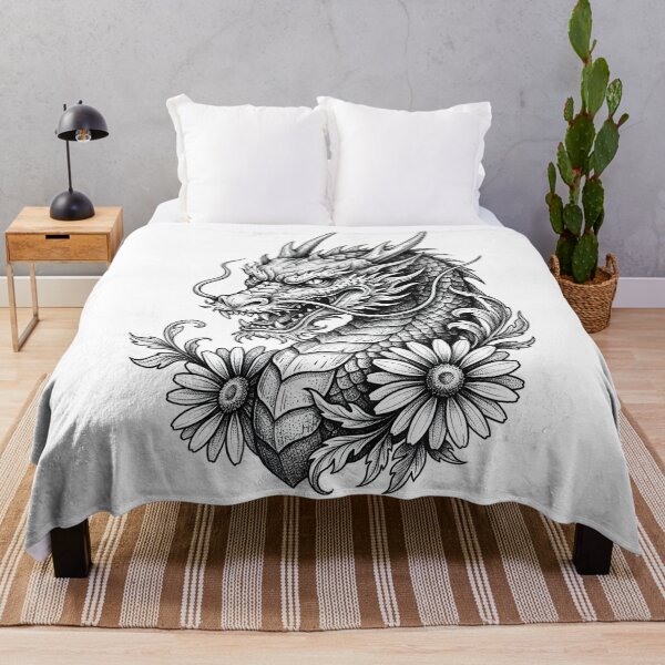 Item preview, Oriental Dragon Bust - Daisy Flowers and Scrolling Leaves Ink Art designed and sold by DragonSerpent Ink.