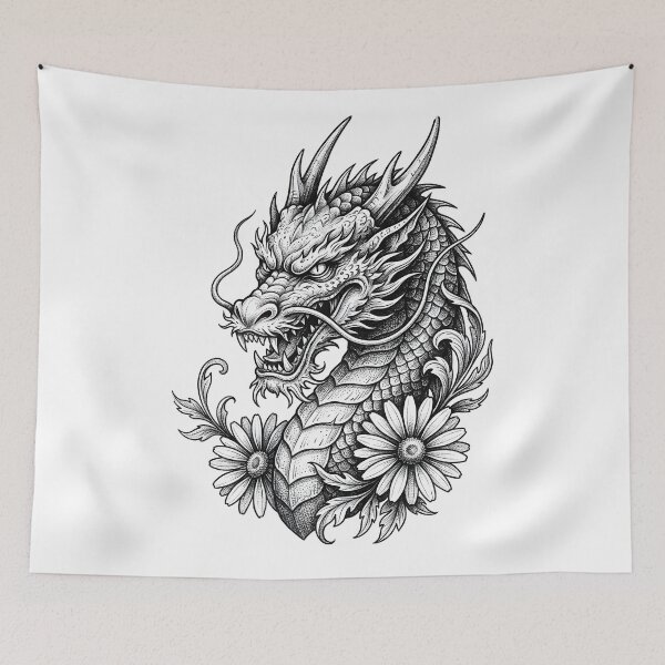 Item preview, Oriental Dragon Bust - Daisy Flowers and Scrolling Leaves Ink Art designed and sold by DragonSerpent Ink.