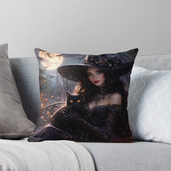 Item preview, Enchanting Halloween Witch with a cat and pumpkins in the Moonlit designed and sold by 4Seasons.