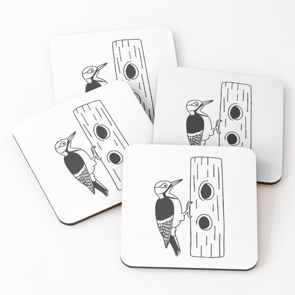 Item preview, A woodpecker beside a tree trunk with visible holes designed and sold by rasagamastore.