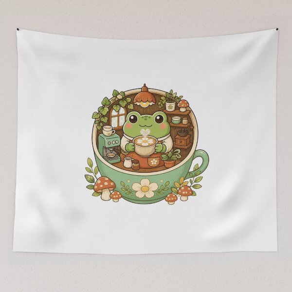Item preview, Cute frog coffee cafe mushroom espresso whimsical design designed and sold by jxnnbrown.