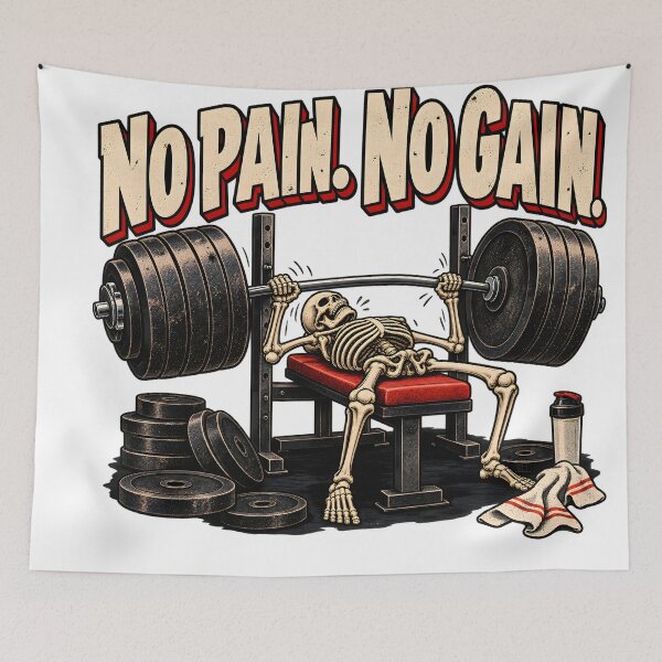 Item preview, Funny Gym Wall Art – Skeleton No Pain No Gain Bench Press Poster designed and sold by CleverRaccoon.
