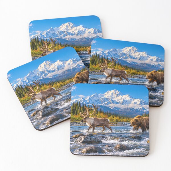 Item preview, Alaska Wildlife With Caribou and Brown Bear crossing the river near the Mt Mckinley Mountain designed and sold by GoodPlaceToShop.